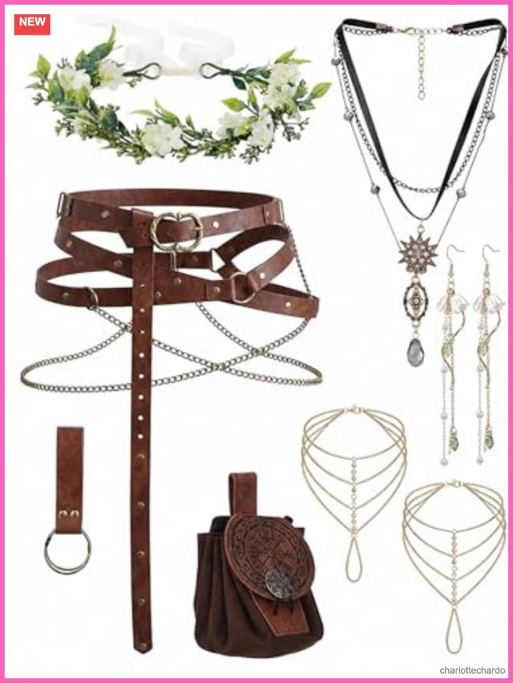 Renaissance Accessories Set Faux Leather Belt Pouch Jewelry 8 Pc